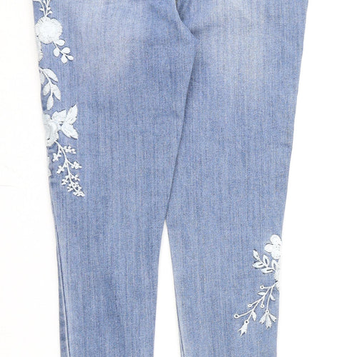 Denim & Co. Womens Blue Cotton Skinny Jeans Size 10 L25 in Regular Zip - Floral Embroidery
