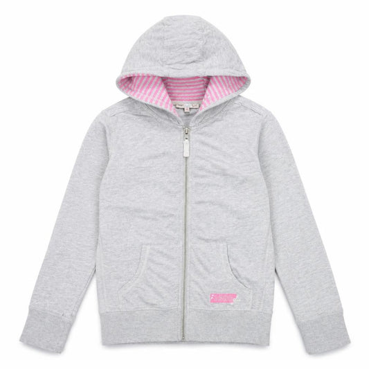 Front view of Indigo girls’ grey cotton full zip hoodie, size 10, years zip