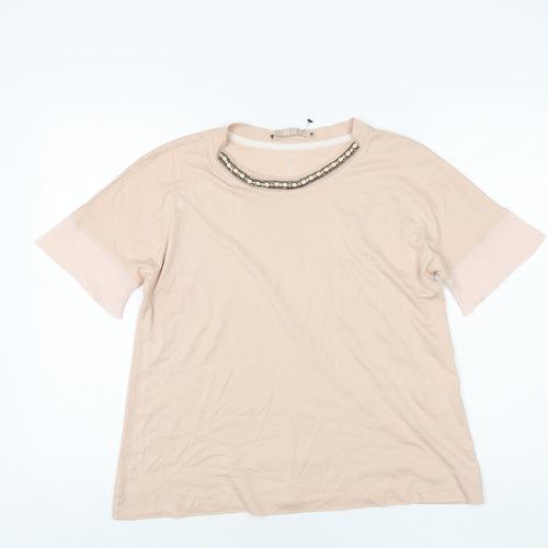 Marc Cain Womens Pink Cotton Basic T-Shirt Size 10 Round Neck - Rhinestone Neckline Detail