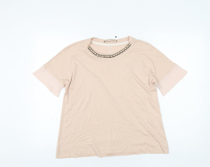 Marc Cain Womens Pink Cotton Basic T-Shirt Size 10 Round Neck - Rhinestone Neckline Detail
