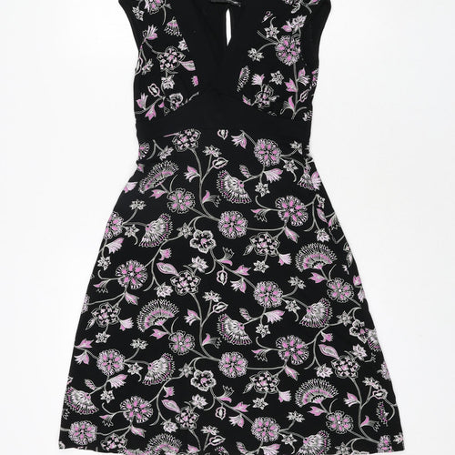 Jane Norman Womens Black Floral Viscose A-Line Size 12 V-Neck Pullover - Belted