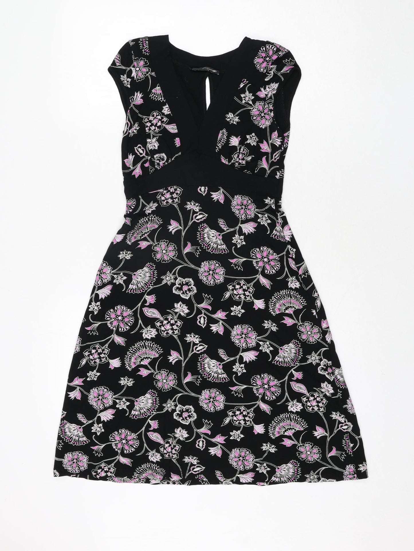 Jane Norman Womens Black Floral Viscose A-Line Size 12 V-Neck Pullover - Belted