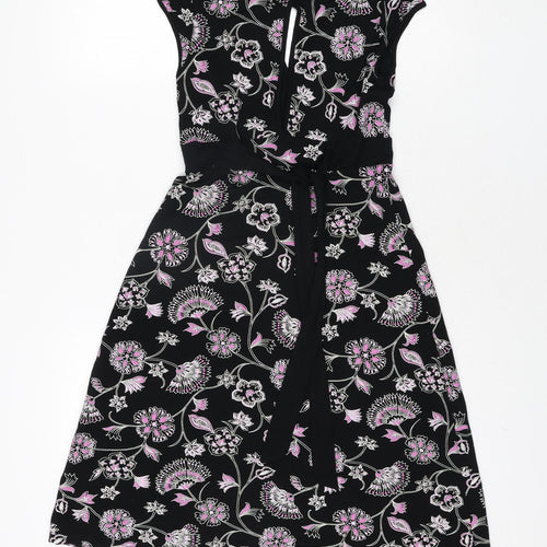 Jane Norman Womens Black Floral Viscose A-Line Size 12 V-Neck Pullover - Belted