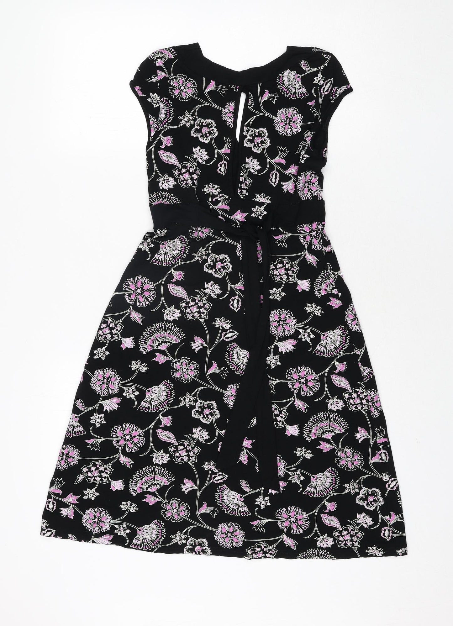 Jane Norman Womens Black Floral Viscose A-Line Size 12 V-Neck Pullover - Belted