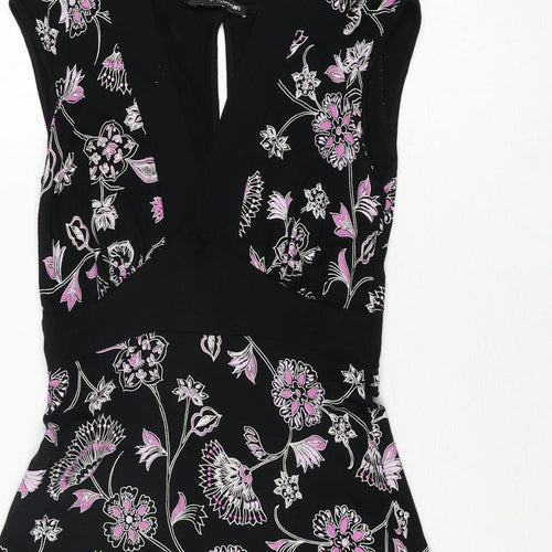 Jane Norman Womens Black Floral Viscose A-Line Size 12 V-Neck Pullover - Belted