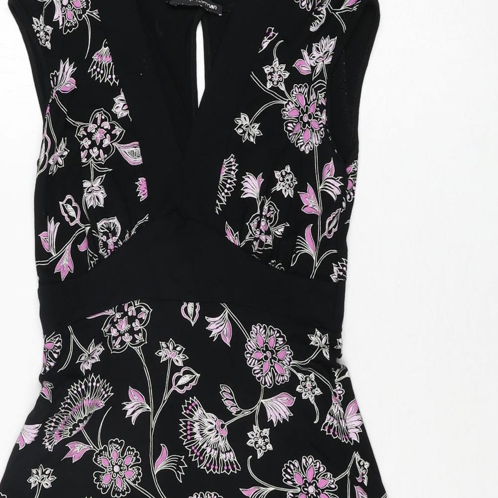 Jane Norman Womens Black Floral Viscose A-Line Size 12 V-Neck Pullover - Belted