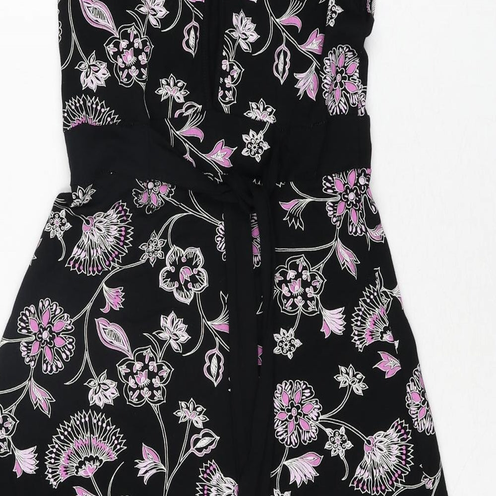 Jane Norman Womens Black Floral Viscose A-Line Size 12 V-Neck Pullover - Belted