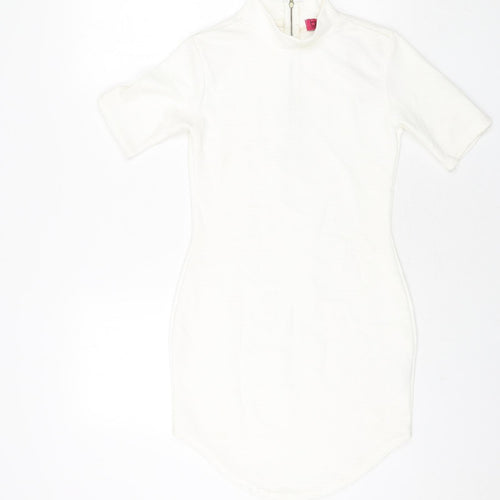 Boohoo Womens White Polyester Bodycon Size 8 Mock Neck Zip - Ribbed