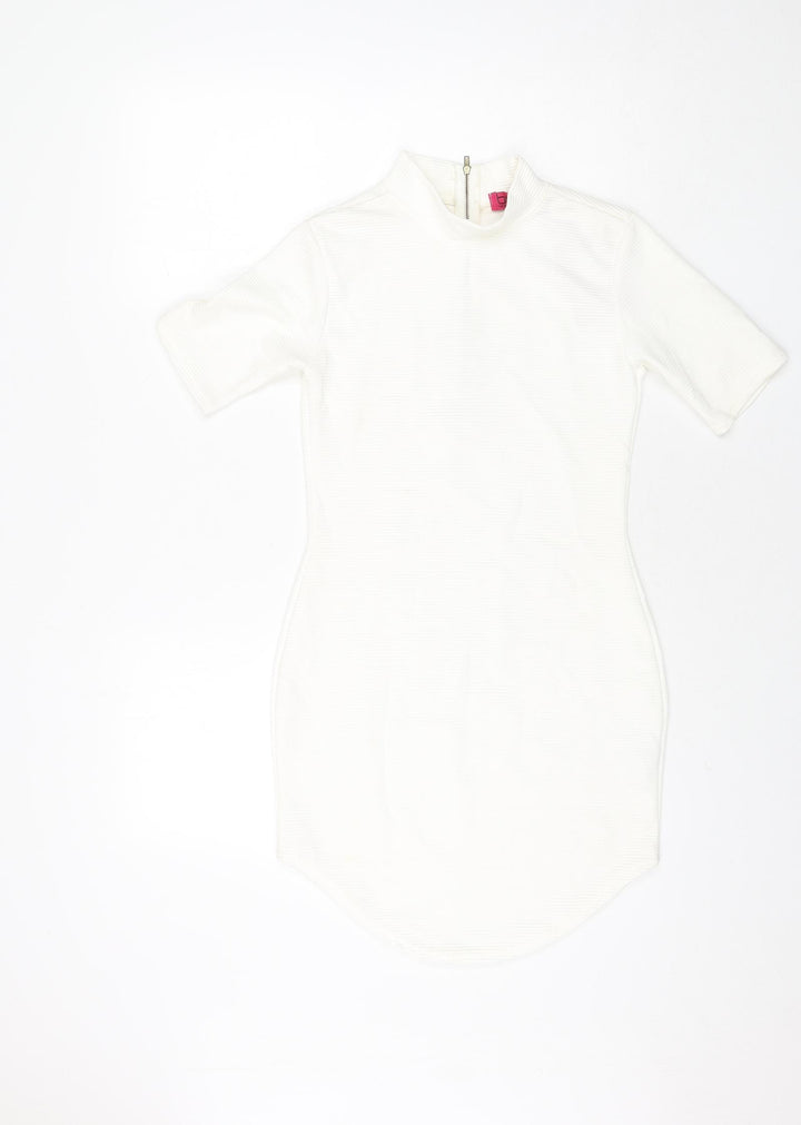 Boohoo Womens White Polyester Bodycon Size 8 Mock Neck Zip - Ribbed