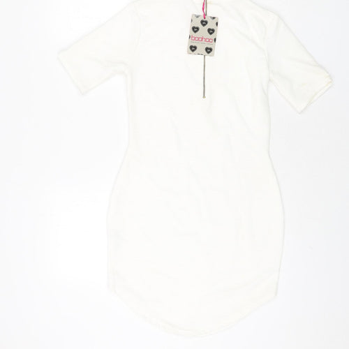 Boohoo Womens White Polyester Bodycon Size 8 Mock Neck Zip - Ribbed