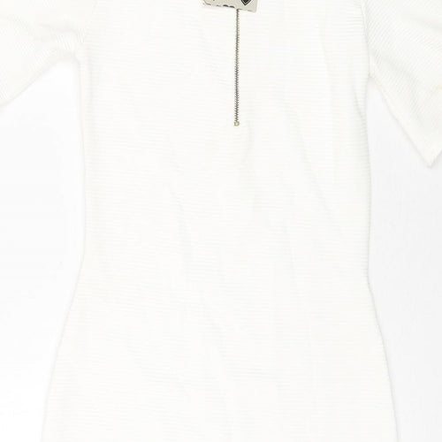 Boohoo Womens White Polyester Bodycon Size 8 Mock Neck Zip - Ribbed