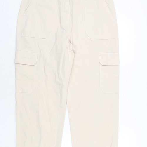 Marks and Spencer Womens Ivory Cotton Cargo Trousers Size 16 L25 in Regular Zip - Buckle Detail