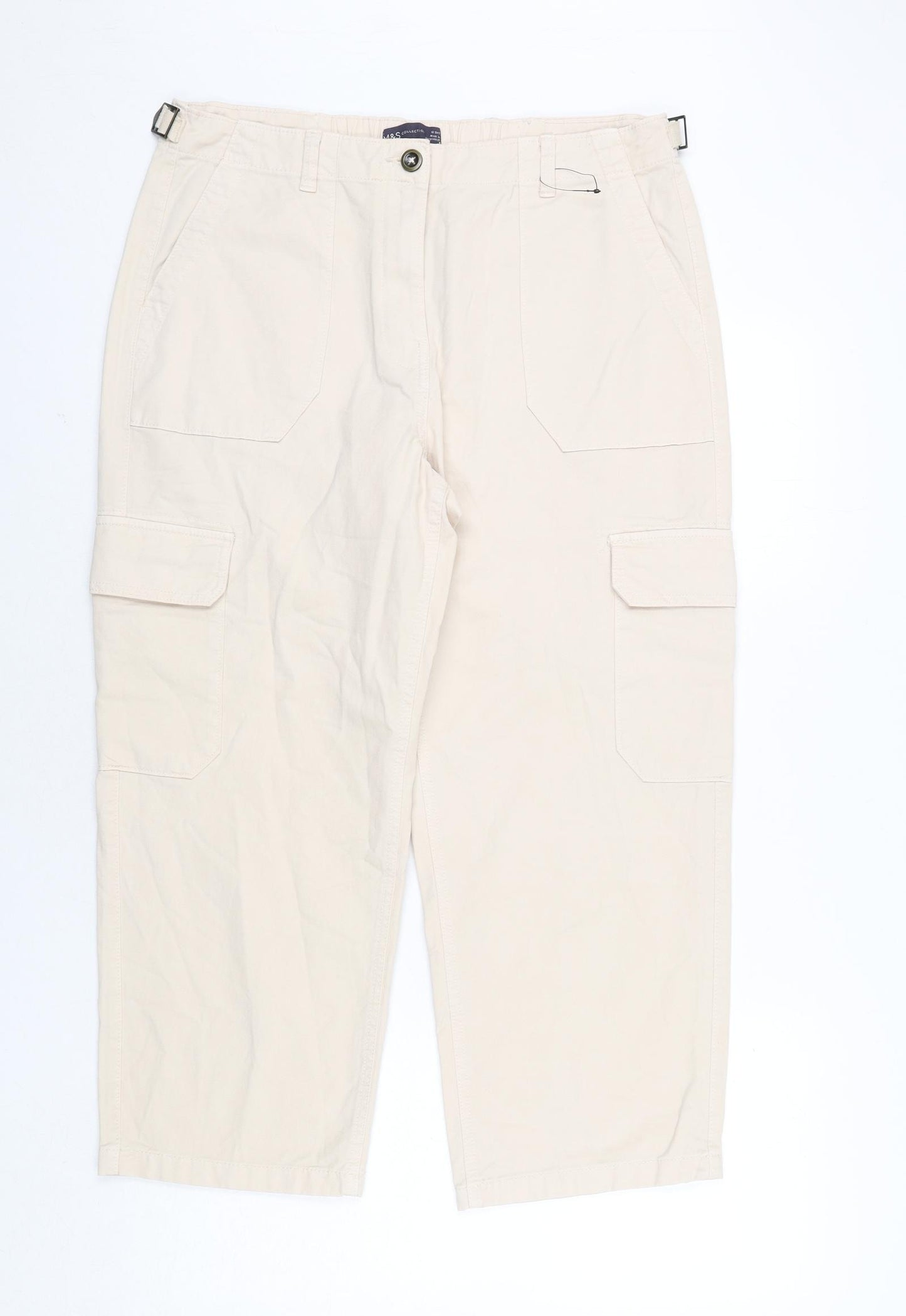 Marks and Spencer Womens Ivory Cotton Cargo Trousers Size 16 L25 in Regular Zip - Buckle Detail