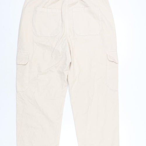 Marks and Spencer Womens Ivory Cotton Cargo Trousers Size 16 L25 in Regular Zip - Buckle Detail