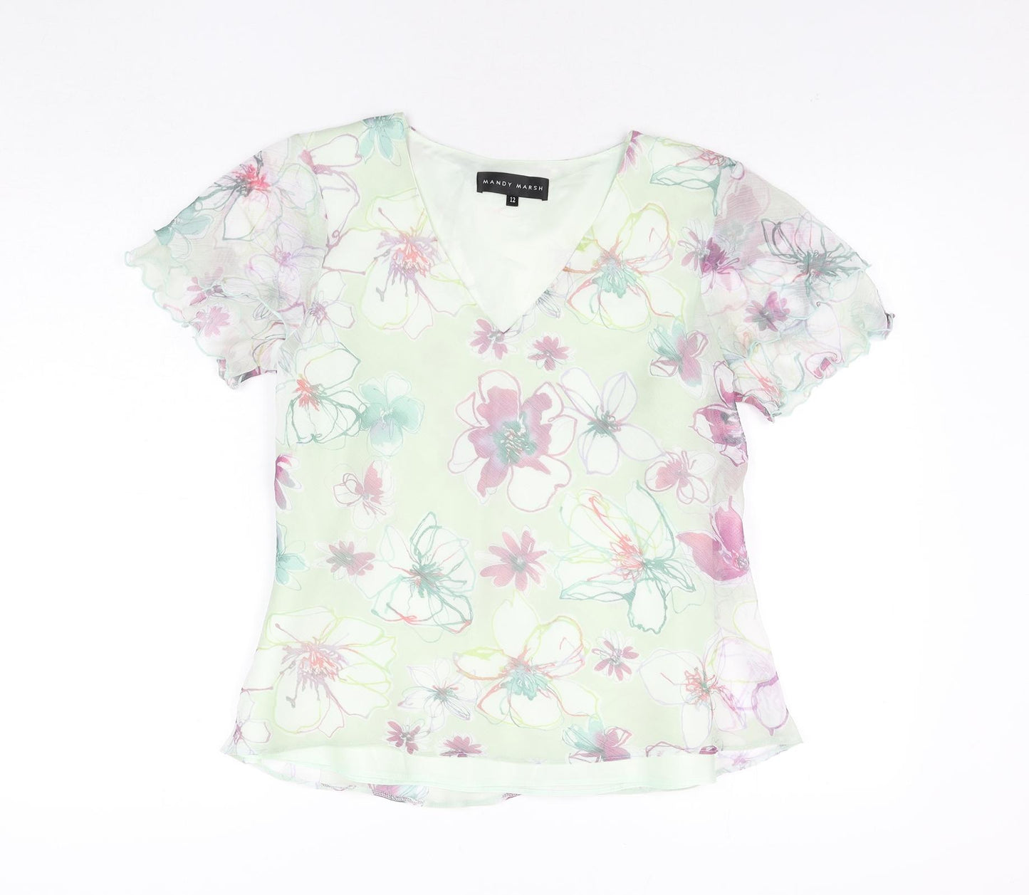 Mandy Marsh Womens Green Floral Polyester Basic Blouse Size 12 V-Neck