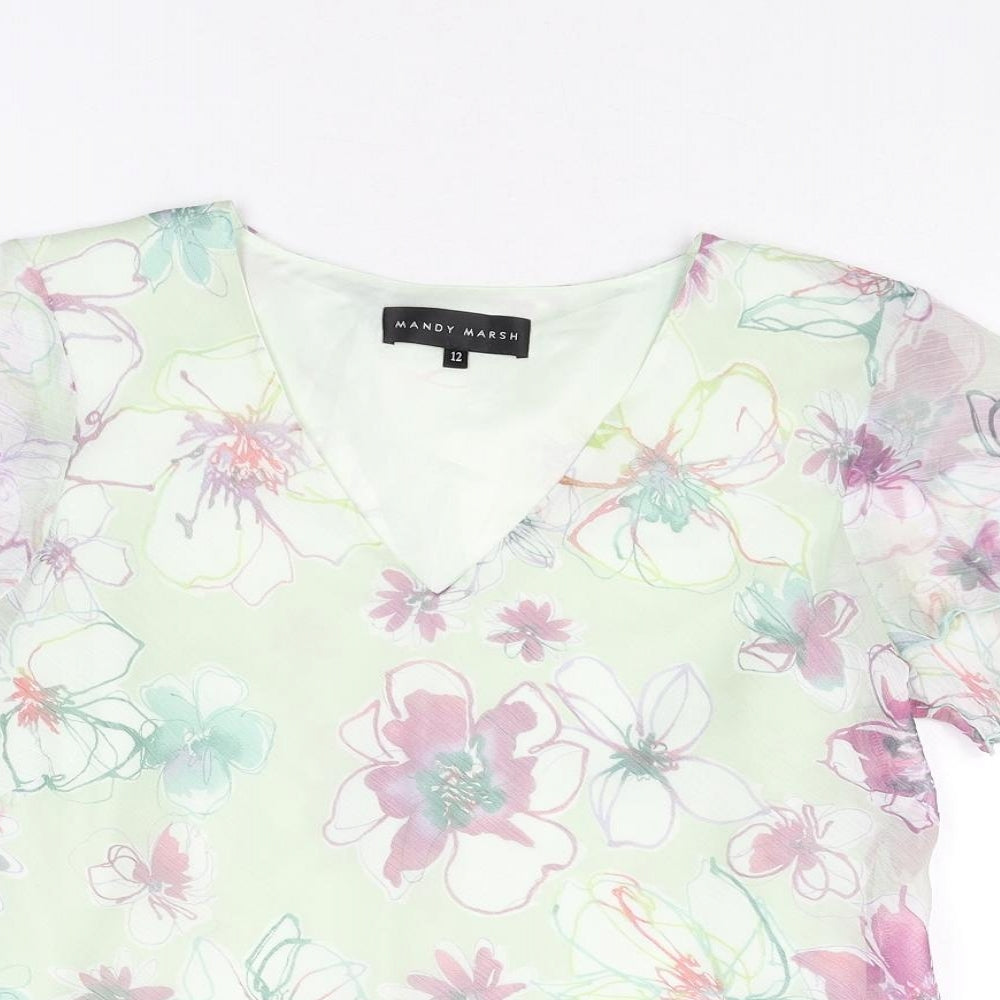 Mandy Marsh Womens Green Floral Polyester Basic Blouse Size 12 V-Neck