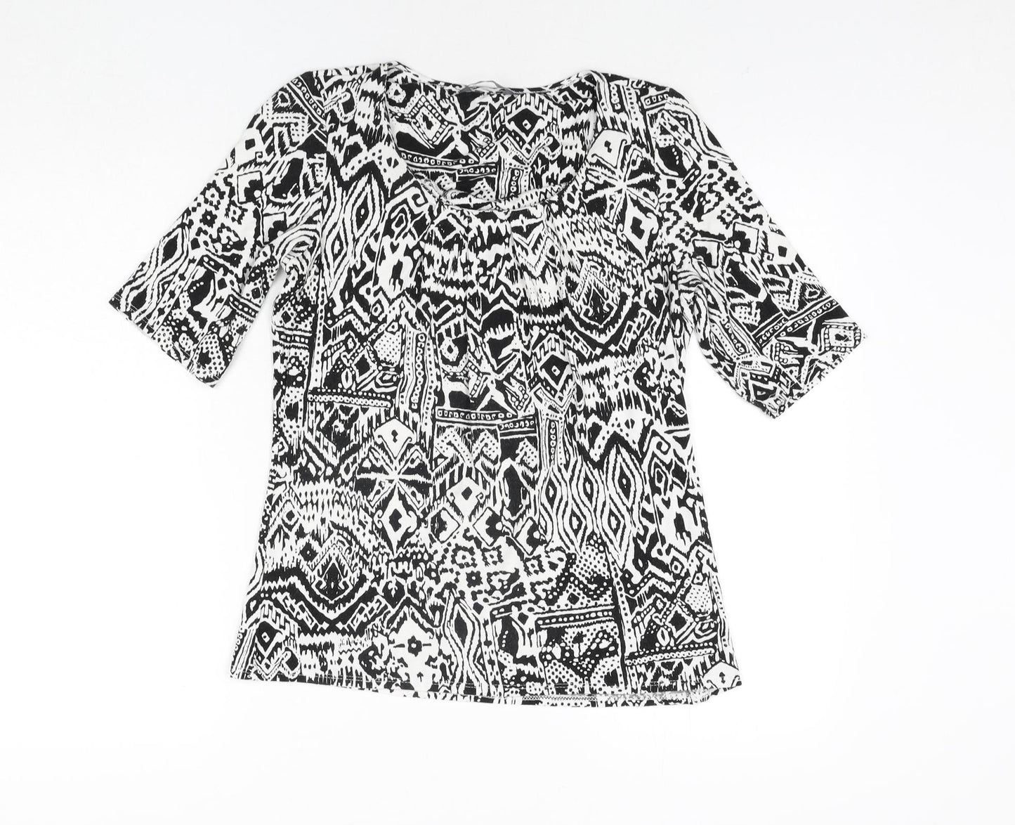 BHS Womens Black Geometric Viscose Basic Blouse Size 12 Round Neck
