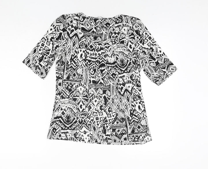 BHS Womens Black Geometric Viscose Basic Blouse Size 12 Round Neck
