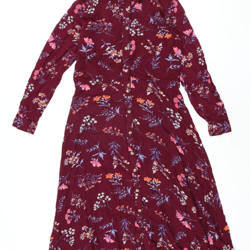 Innocence Womens Red Floral Viscose Shirt Dress Size 8 Collared Button