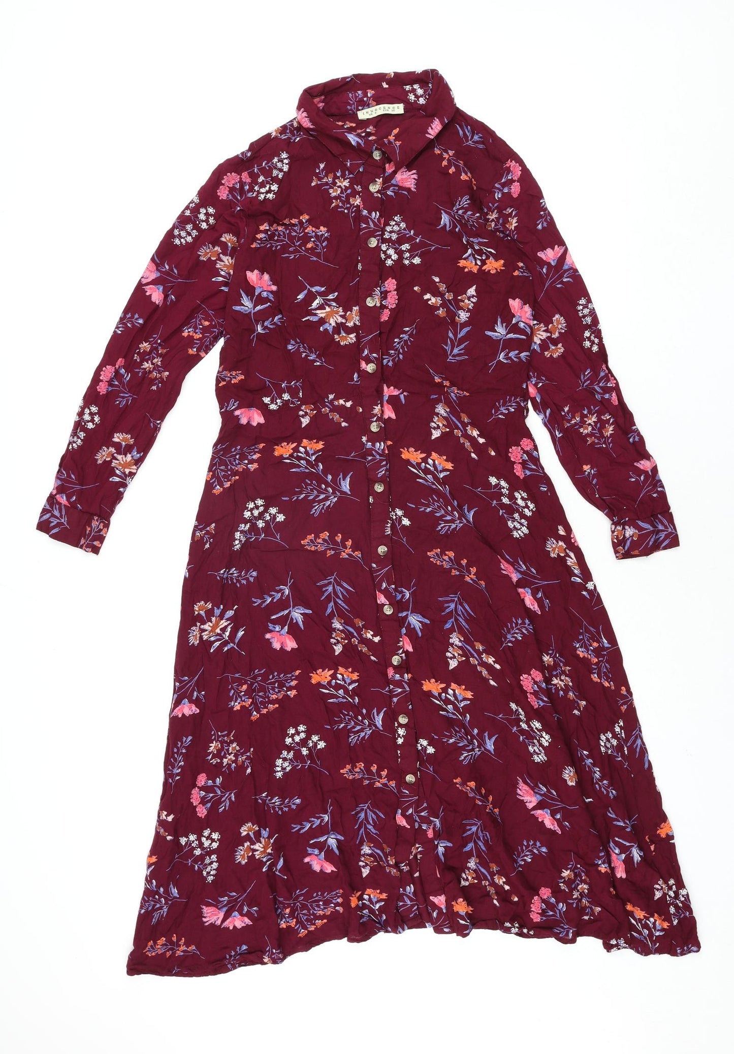 Innocence Womens Red Floral Viscose Shirt Dress Size 8 Collared Button