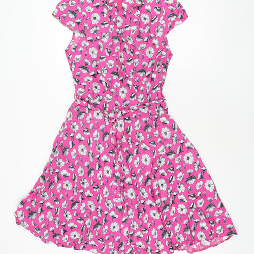 Wallis Womens Pink Viscose Fit & Flare Size 12 Round Neck Zip - Belted