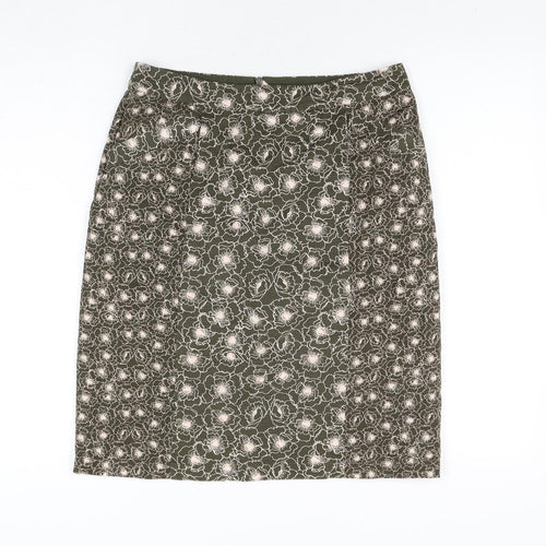 White Stuff Womens Green Floral Cotton Straight & Pencil Skirt Size 10 Zip