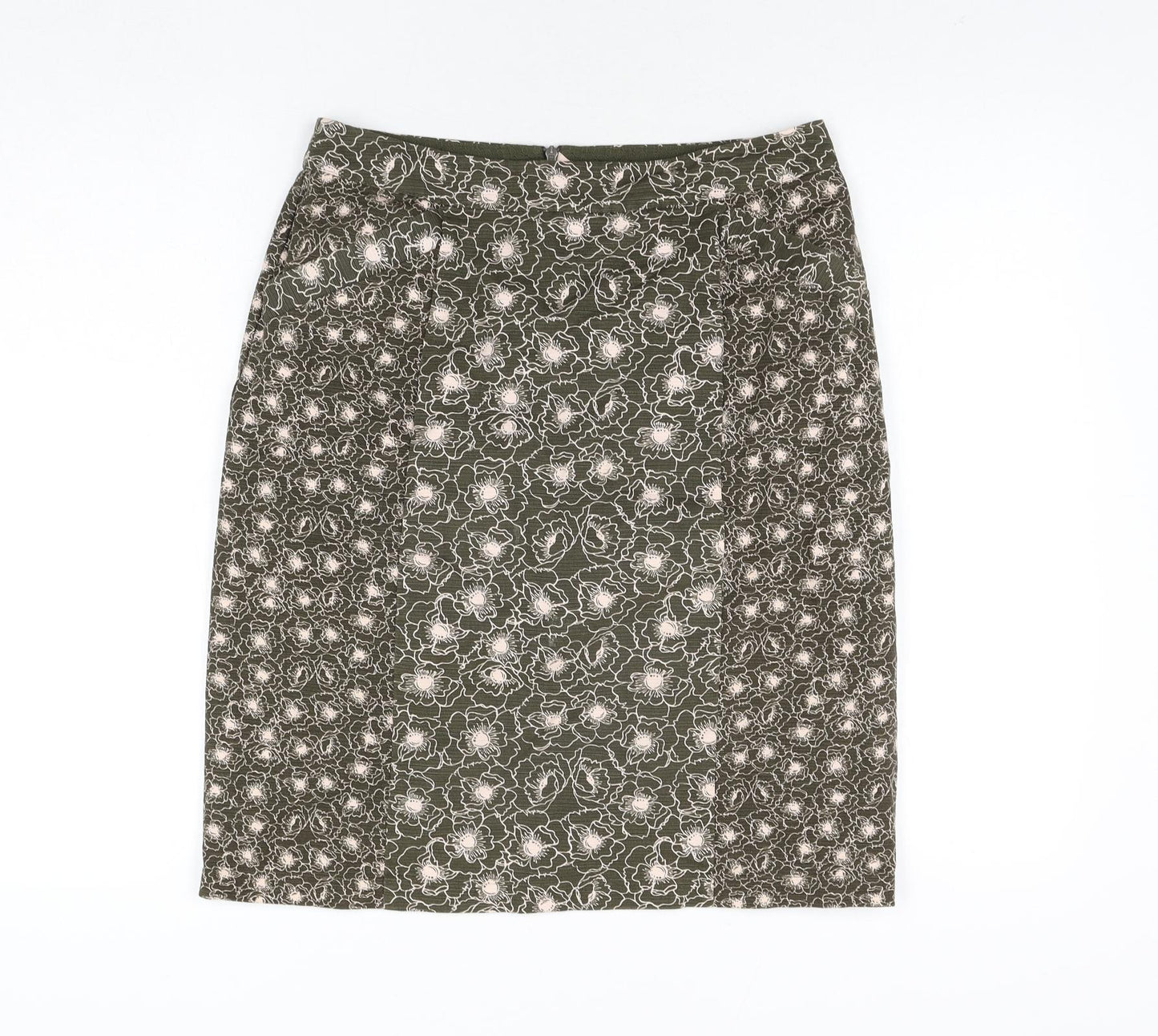 White Stuff Womens Green Floral Cotton Straight & Pencil Skirt Size 10 Zip