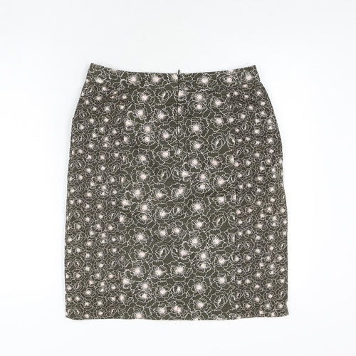 White Stuff Womens Green Floral Cotton Straight & Pencil Skirt Size 10 Zip