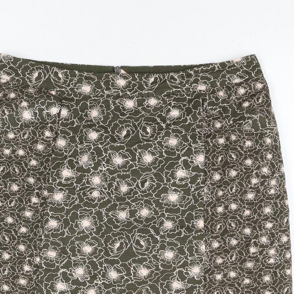 White Stuff Womens Green Floral Cotton Straight & Pencil Skirt Size 10 Zip