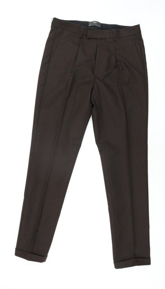 Marks and Spencer Mens Brown Cotton Trousers Size 32 in L33 in Regular Zip