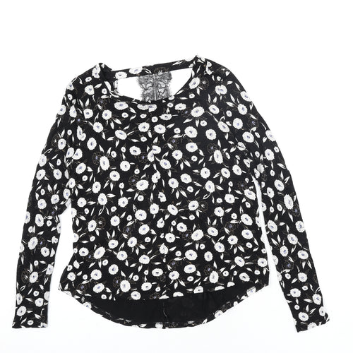 NEXT Womens Black Floral Viscose Basic Blouse Size 12 Round Neck - Lace Detail