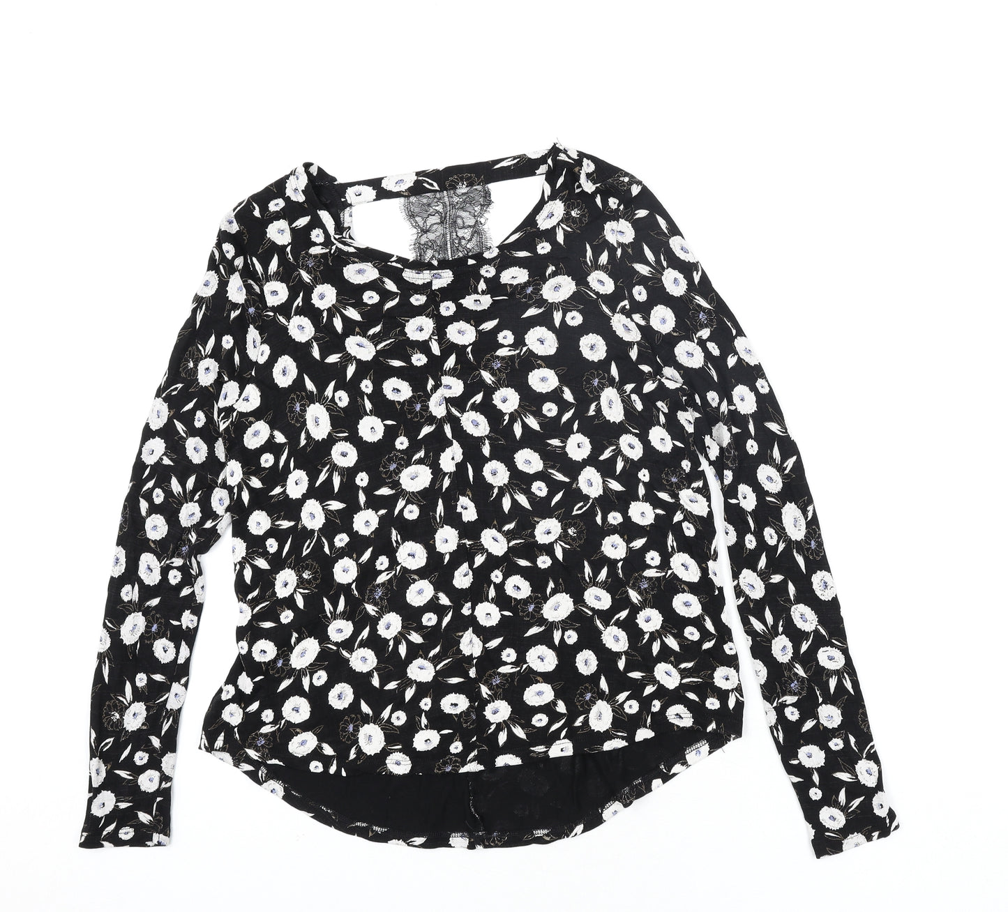 NEXT Womens Black Floral Viscose Basic Blouse Size 12 Round Neck - Lace Detail