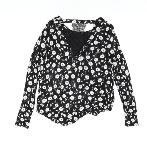 NEXT Womens Black Floral Viscose Basic Blouse Size 12 Round Neck - Lace Detail