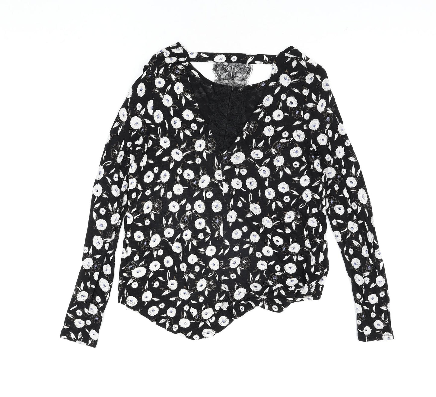 NEXT Womens Black Floral Viscose Basic Blouse Size 12 Round Neck - Lace Detail