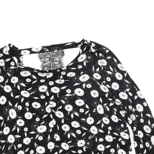 NEXT Womens Black Floral Viscose Basic Blouse Size 12 Round Neck - Lace Detail