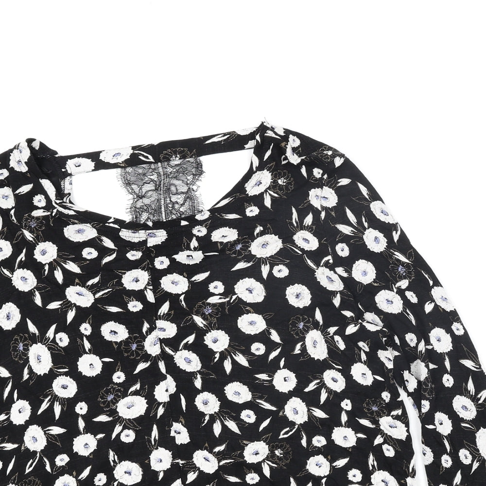 NEXT Womens Black Floral Viscose Basic Blouse Size 12 Round Neck - Lace Detail
