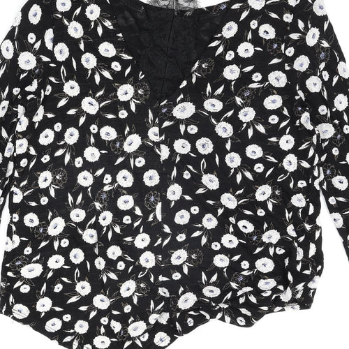 NEXT Womens Black Floral Viscose Basic Blouse Size 12 Round Neck - Lace Detail