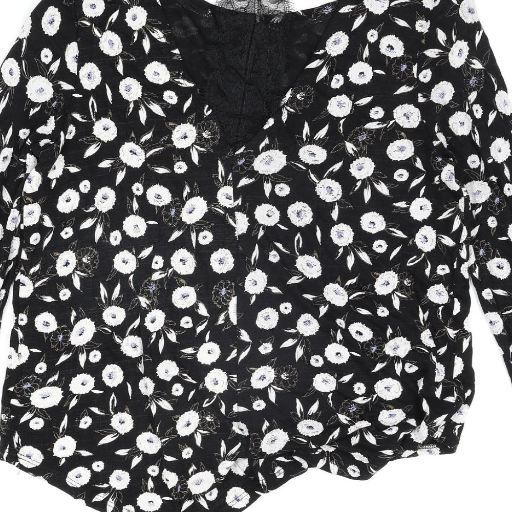 NEXT Womens Black Floral Viscose Basic Blouse Size 12 Round Neck - Lace Detail