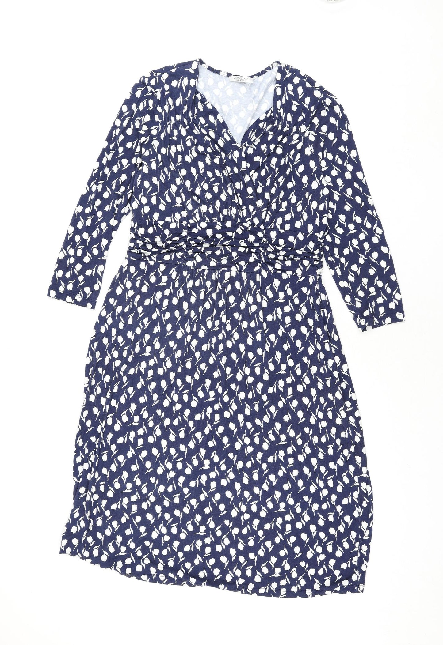 Artigiano Womens Blue Geometric Viscose Shift Size 14 V-Neck Pullover - Floral Print