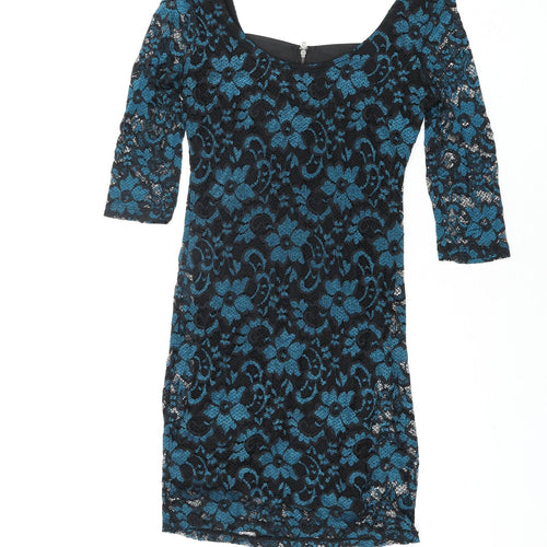 Material Girl Womens Blue Floral Nylon Bodycon Size L Scoop Neck Zip - Bandage Back Detail