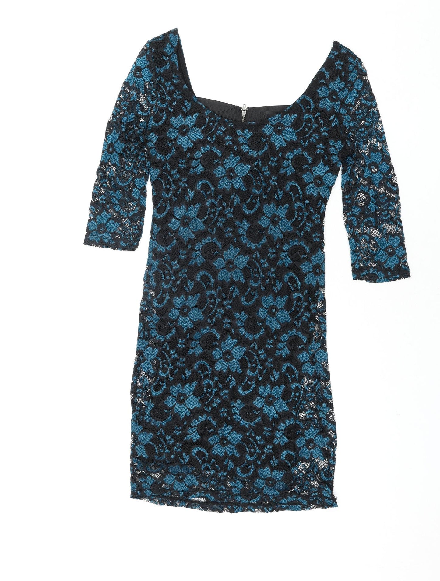 Material Girl Womens Blue Floral Nylon Bodycon Size L Scoop Neck Zip - Bandage Back Detail