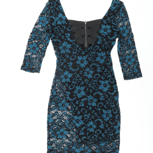 Material Girl Womens Blue Floral Nylon Bodycon Size L Scoop Neck Zip - Bandage Back Detail