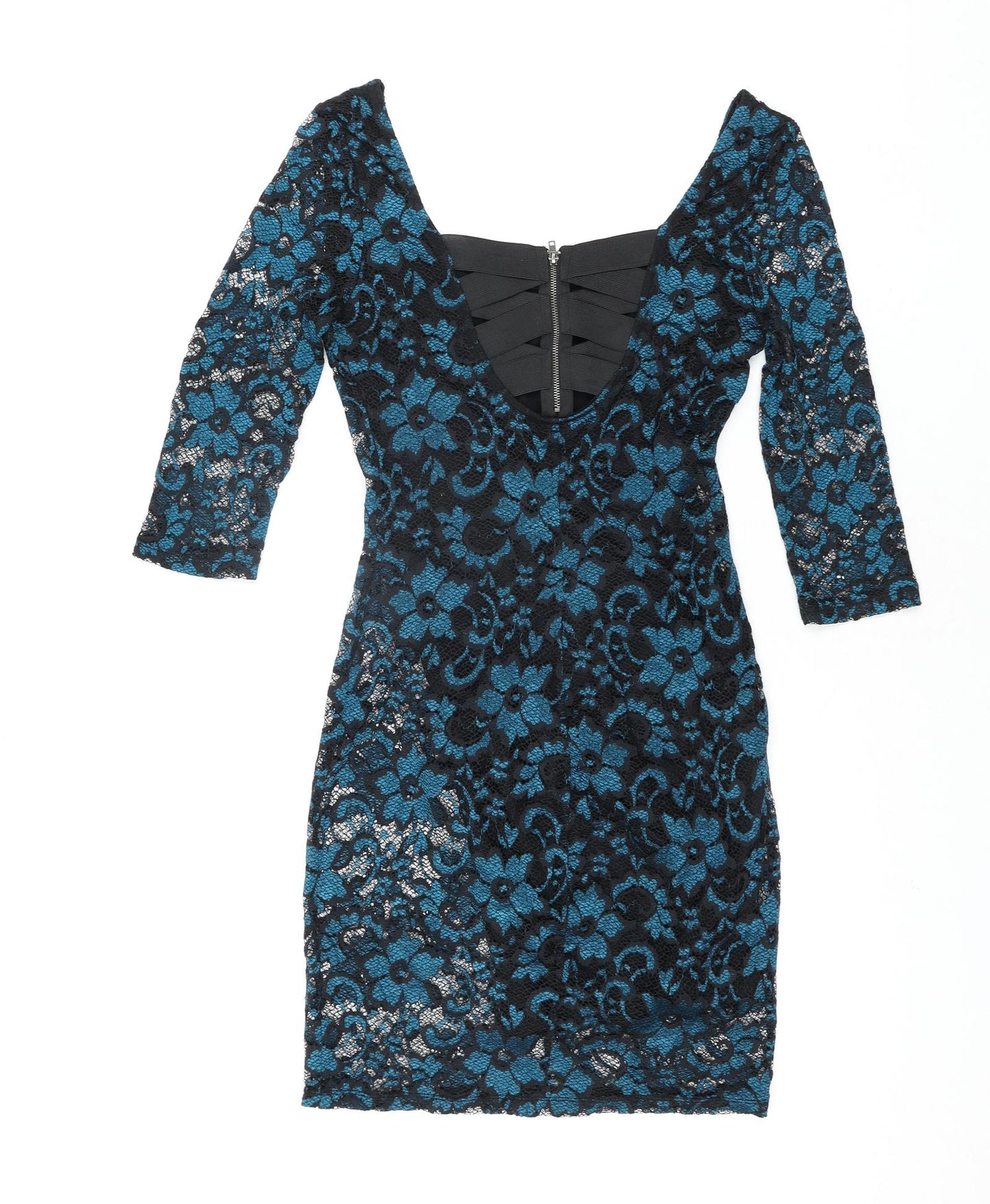 Material Girl Womens Blue Floral Nylon Bodycon Size L Scoop Neck Zip - Bandage Back Detail