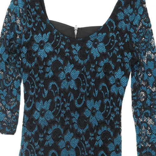 Material Girl Womens Blue Floral Nylon Bodycon Size L Scoop Neck Zip - Bandage Back Detail