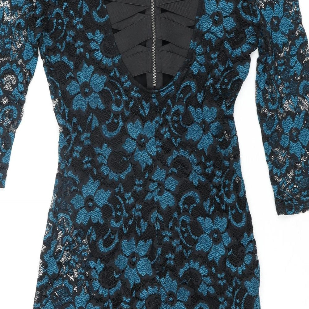 Material Girl Womens Blue Floral Nylon Bodycon Size L Scoop Neck Zip - Bandage Back Detail