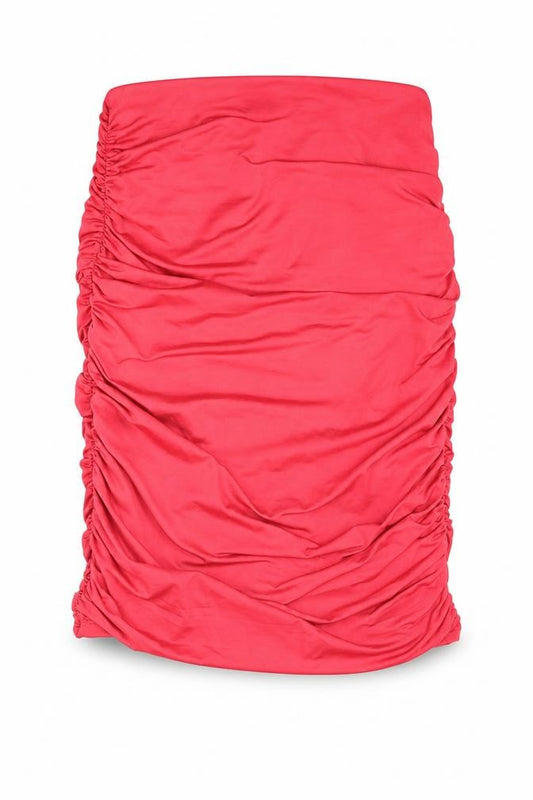 Front view of Oh Polly women’s pink polyester bandage skirt, size UK 4, - rouched