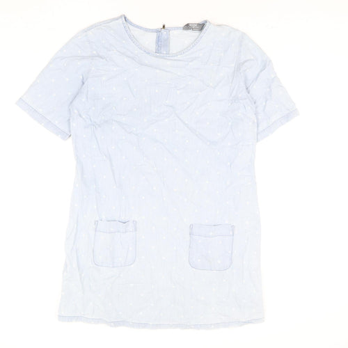 Dorothy Perkins Womens Blue Polka Dot Cotton Shift Size 14 Round Neck Zip