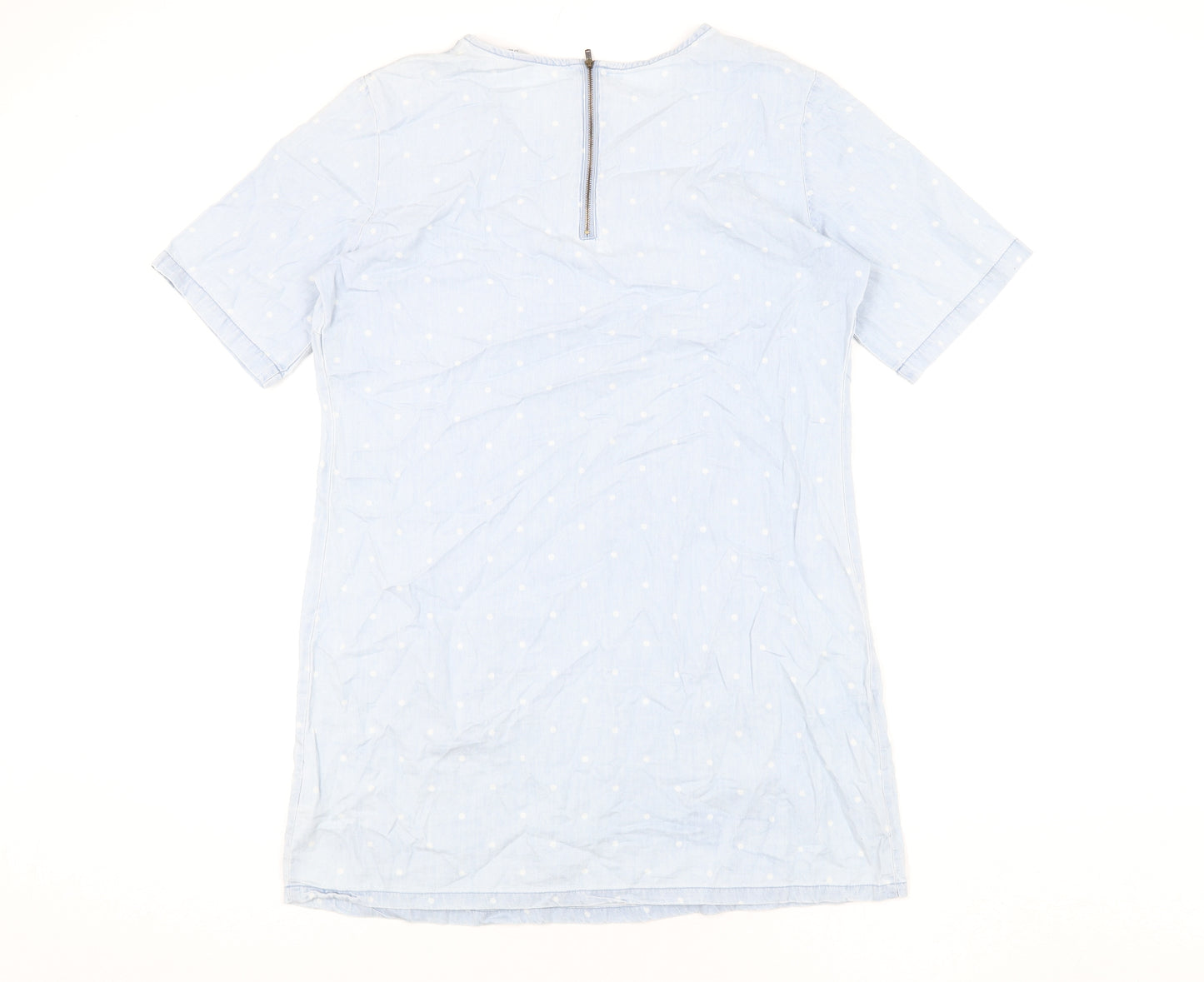 Dorothy Perkins Womens Blue Polka Dot Cotton Shift Size 14 Round Neck Zip