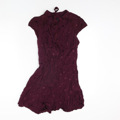 River Island Womens Purple Geometric Viscose Playsuit One-Piece Size 8 Button - Heart Pattern Keyhole Neck Bow Belted