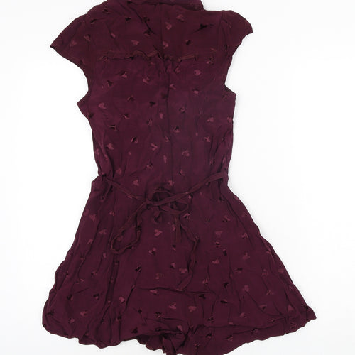 River Island Womens Purple Geometric Viscose Playsuit One-Piece Size 8 Button - Heart Pattern Keyhole Neck Bow Belted